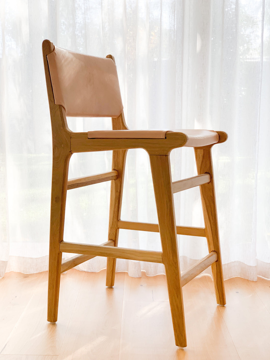 LOLA TEAK & LEATHER BAR CHAIR- Pre Order ETA late May